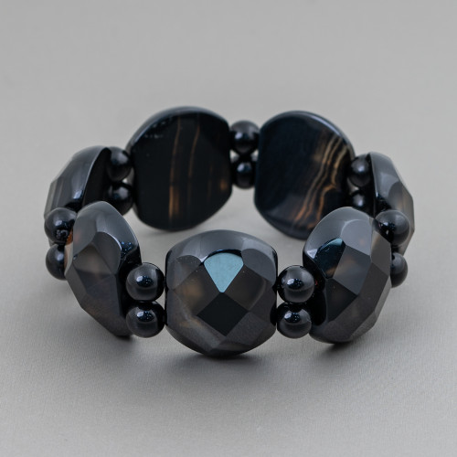 Bracelet pierre semi-précieuse barrettes 28mm onyx ovale facetté 28x22mm