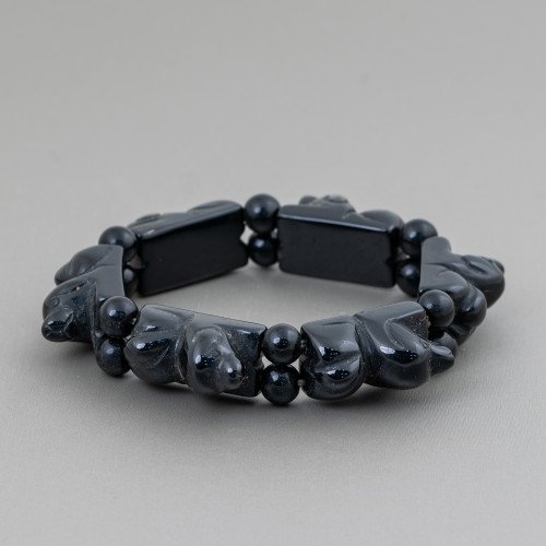 Hand Engraved Semiprecious Stone Bracelet Puppy 16x25mm Black Agate