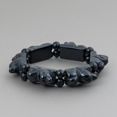 Bracciale Di Pietre Dure Inciso A Mano Cagnolino 16x25mm Agata Nera