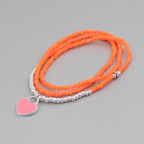 Elastic Bracelet Of Rondelle Crystals With Orange Enamelled Pendant