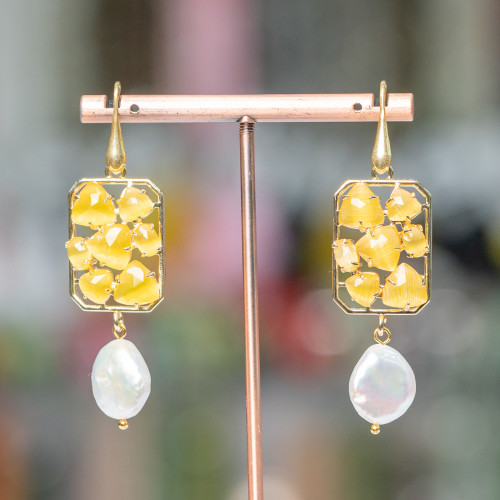 925 Silver Hook Earrings With Central Bronze Rectangle With Cat's Eyes And Freshwater Pearls 18x65mm Yellow