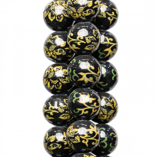 Black Ceramic With Floral Print Smooth Round 16mm MOD2