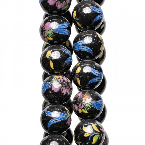 Black Ceramic With Floral Print Smooth Round 16mm MOD3