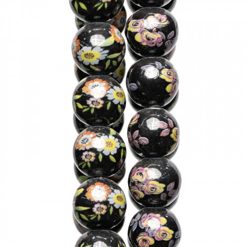 Black Ceramic With Floral Print Smooth Round 16mm MOD4