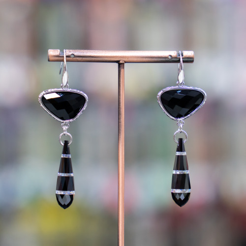 925 Silver Hook Earrings With Bronze Component With Cat's Eyes And Teardrop Zircons 20x64mm