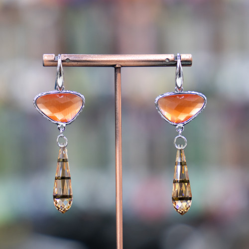 925 Silver Hook Earrings With Bronze Component With Cat's Eyes And Teardrop Zircons 20x64mm Orange