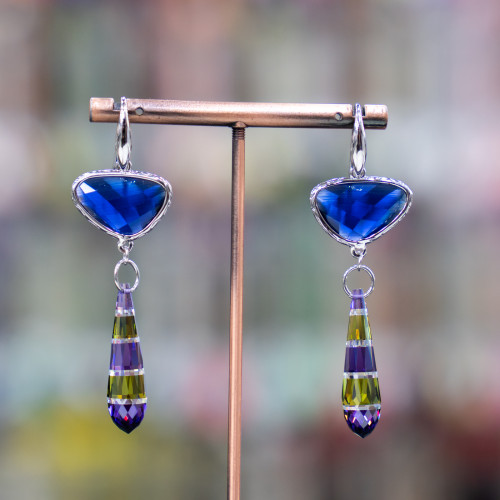 925 Silver Hook Earrings With Bronze Component With Cat's Eyes And Teardrop Zircons 20x64mm Blue