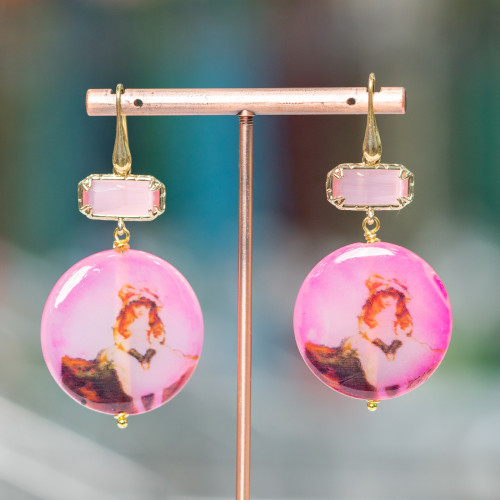 Boucles d'Oreilles Dormeuses en Argent 925 avec Oeil de Chat Bordé et Agate Pantographée 30x60mm Fuchsia