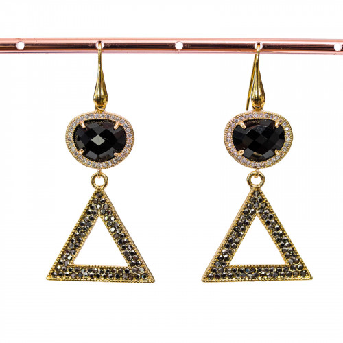 925 Silver Earrings With Cat's Eye And Bronze With Marcasite Rhinestones 28x60mm Black