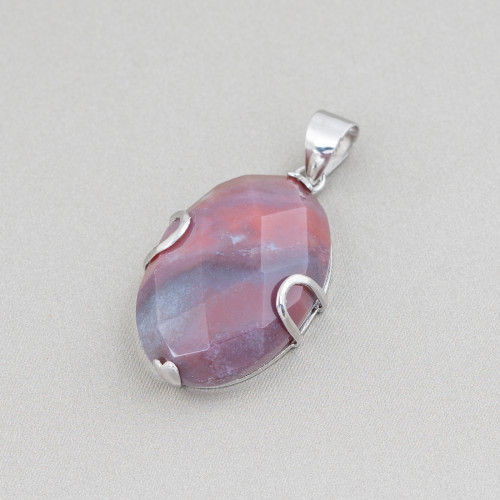 925 Silver Pendant And Faceted Flat Oval Semiprecious Stones 20x30mm - Red Indian Agate