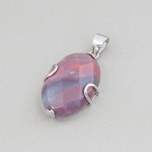 Pendentif Argent 925 et Pierres Semi-précieuses Ovales Plates Facettes 20x30mm - Agate Rouge Indienne