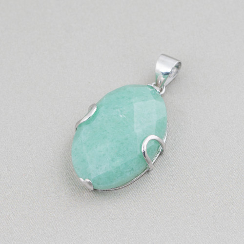 925 Silver and Semiprecious Stones Pendant Flat Oval Faceted 20x30mm - Green Aventurine