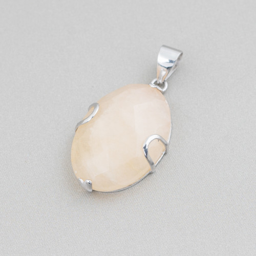 Pendant of 925 Silver and Semi-precious Stones Faceted Flat Oval 20x30mm - Calcite