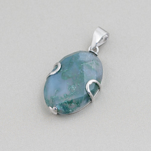 Pendant of 925 Silver and Semiprecious Stones Oval Flat Faceted 20x30mm Moss Agate