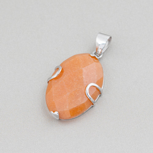 Pendant of 925 Silver and Semiprecious Stones Oval Flat Faceted 20x30mm Red Aventurine (Eosite)