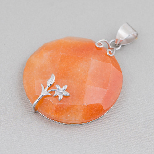 925 Silver and Semiprecious Stones Pendant Round Flat Faceted 40mm Mod2 Red Aventurine (Eosite)