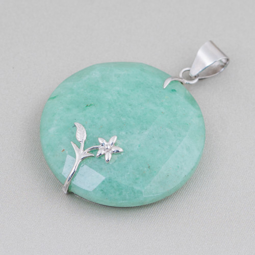 925 Silver and Semiprecious Stones Pendant Round Flat Faceted 40mm Mod2 Green Aventurine