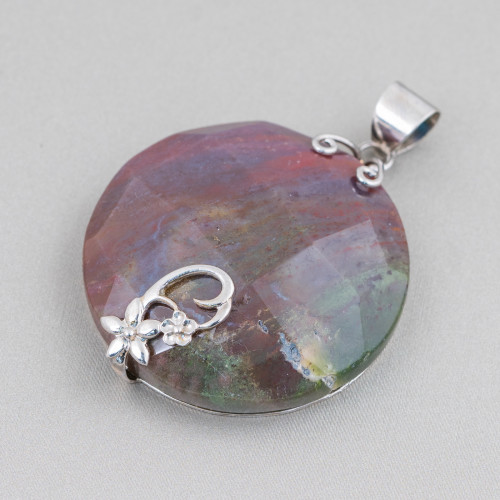 Pendant of 925 Silver and Semiprecious Stones Round Flat Faceted 40mm Mod3 Indian Agate