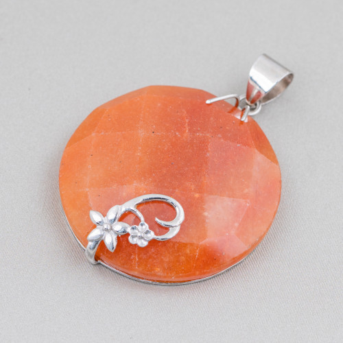 925 Silver and Semiprecious Stones Pendant Round Flat Faceted 40mm Mod3 Red Aventurine (Eosite)