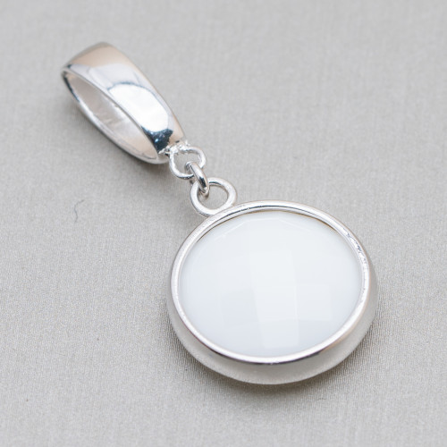 Faceted White Agate Coin Pendant 925 Silver 18x34mm
