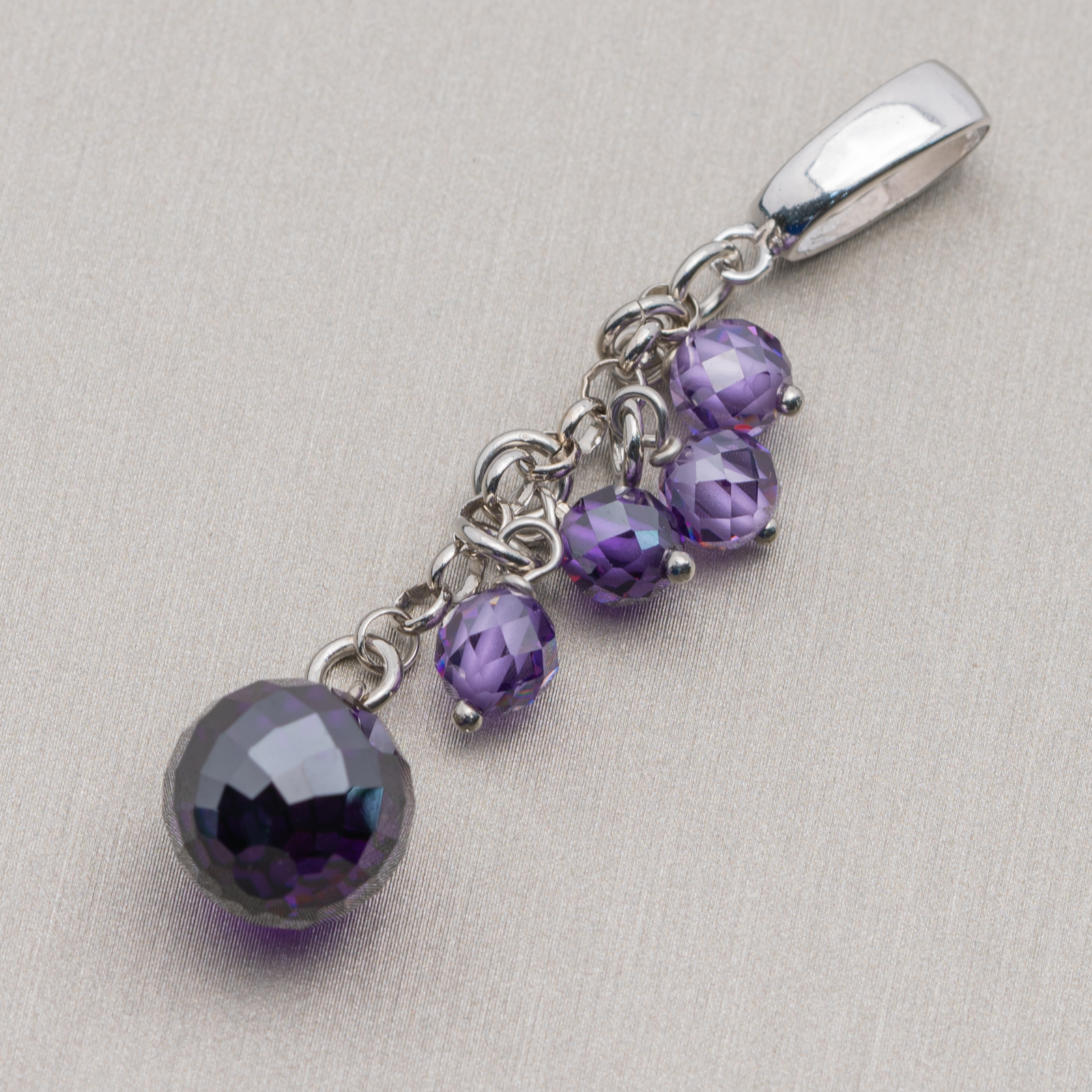 Ciondolo Pendente Di Argento 925 Con Catena E Cubic Zirconia 12x62mm Viola