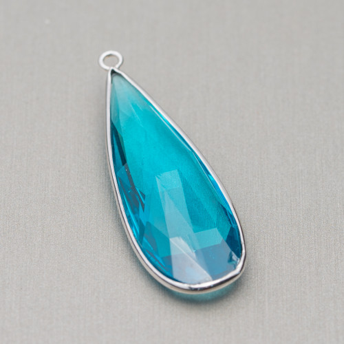 Pendant Of 925 Silver With Drop Zirconia Crystals 14x42mm 2pcs Rhodium Plated Light Blue