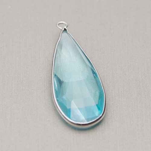 Pendant Of 925 Silver With Zirconia Crystals Drop 15x37mm 2pcs Rhodium Plated Aqua