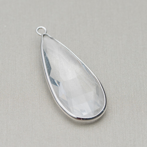 Pendant Of 925 Silver With Drop Zirconia Crystals 15x37mm 2pcs White Rhodium Plated