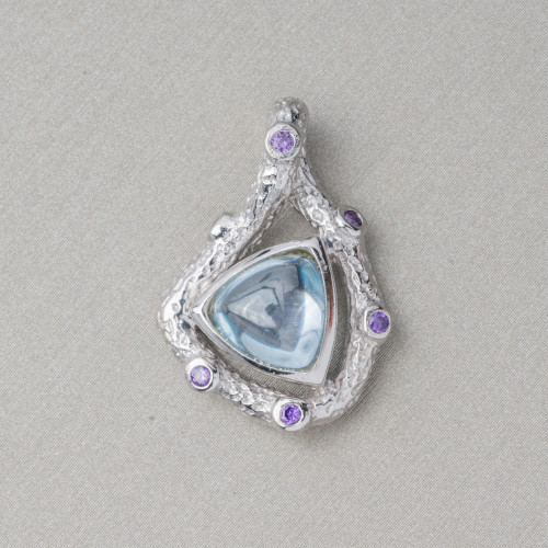 Pendant Of 925 Silver With Zircons And Cabochon Of Hydrothermal Stones 18x26mm Rhodium Plated