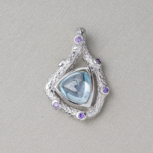 Pendentif en argent 925 avec zircons et cabochon de pierres hydrothermales 18x26mm plaqué rhodium