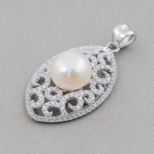 Pendant Of 925 Silver With Zircons And Oval River Pearls 18x27mm