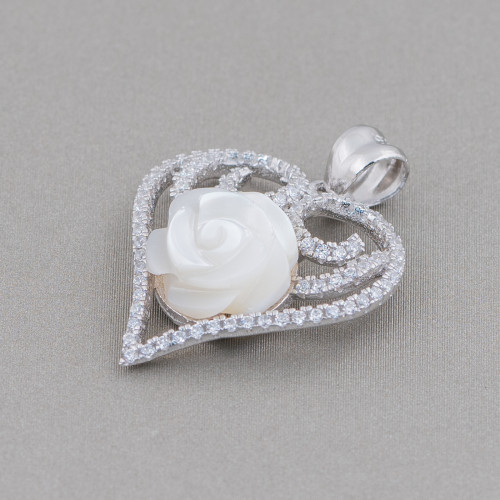 925 Silver Heart Pendant with Zircons and Mother of Pearl Flower 21x28mm