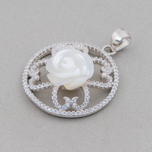 Round Pendant Of 925 Silver Worked With Zircons And Mother Of Pearl Flower 25x34mm