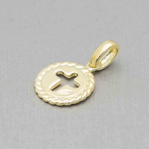 Ciondolo Pendenti Di Argento 925 Coin Lucido 11mm Incastonati A Croce 10pz Dorato