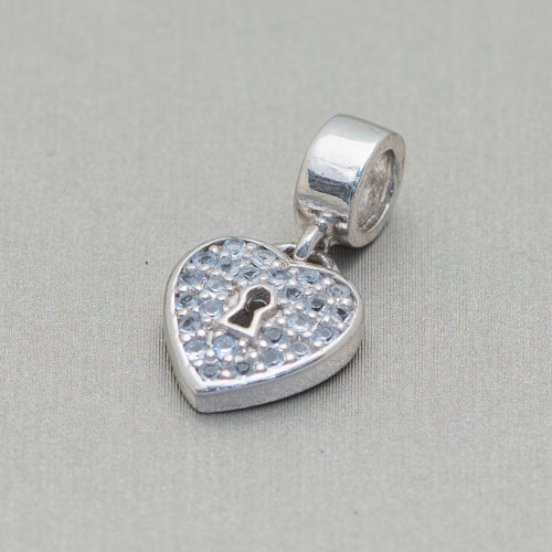 925 Silver Component With Zircons Heart Charms 10mm 3pcs Rhodium Plated Light Blue