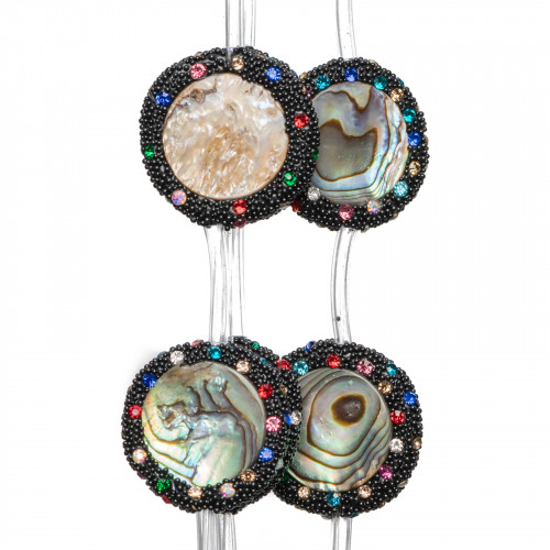 Perles de fil de connecteur en nacre noire ronde plate 22mm bordées de strass multicolores 10 pièces