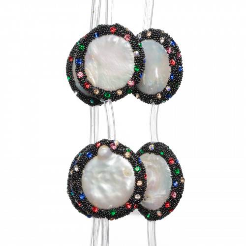Strand Beads Connector Flat Round River Pearls 25mm Edged with Multicolor Rhinestones 10pcs