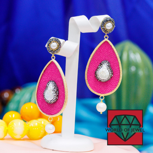 Bronze Stud Earrings With Marcasite Rhinestones And Imitation Leather With Fuchsia River Pearls