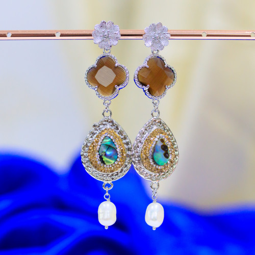 Bronze Stud Earrings With Cat's Eye And Marcasite Rhinestones With Abalone And River Pearls