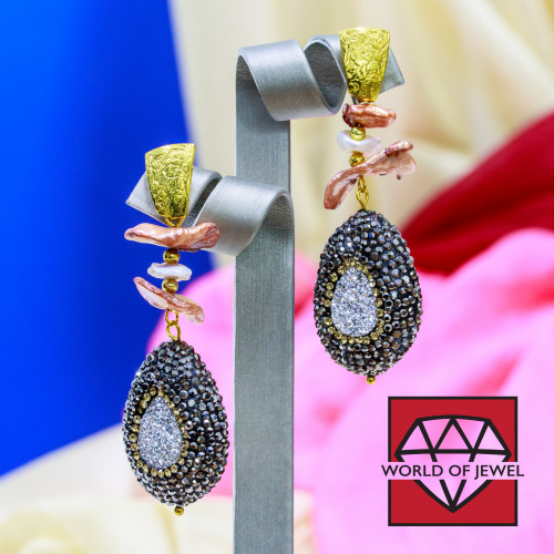 Bronze Stud Earrings With River Pearls and Marcasite Strass and Gold Druzium Component