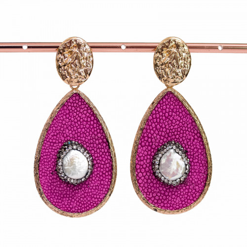 Bronze Stud Earrings With Fuchsia Pink Faux Leather And Marcasite Rhinestones And River Pearls 34x72mm