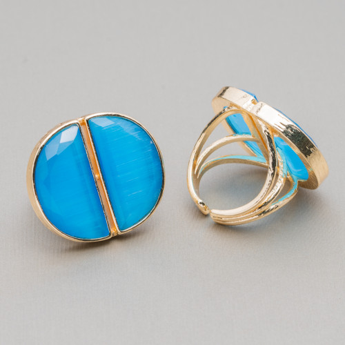 Bronze Ring With Cat's Eye Double Crescent 25x28mm Adjustable Size Light Blue