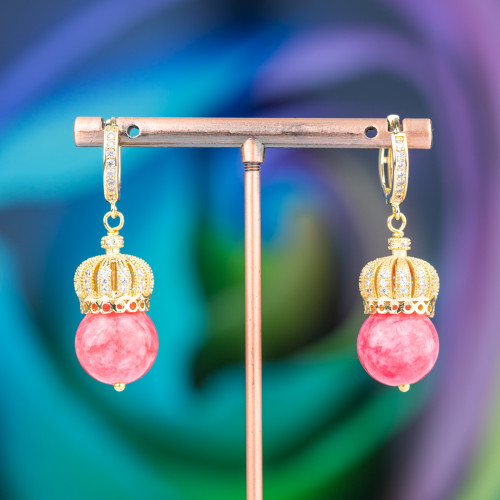 Closed Brass Earrings with Brass Crown and Semi-precious Stones 14x42mm Ruby Gold