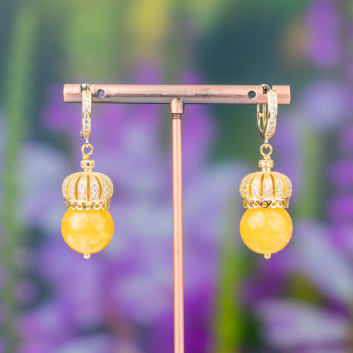 Closed Brass Earrings with Brass Crown and Semi-precious Stones 14x42mm Yellow Gold