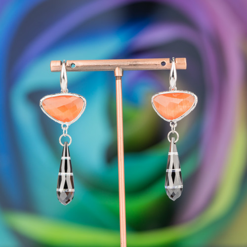 925 Silver Hook Earrings With Bronze Component With Cat's Eyes And Teardrop Zircons 20x64mm Orange