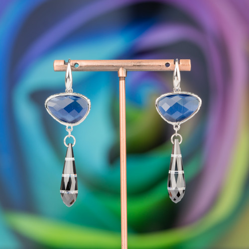 925 Silver Hook Earrings With Bronze Component With Cat's Eyes And Teardrop Zircons 20x64mm Blue
