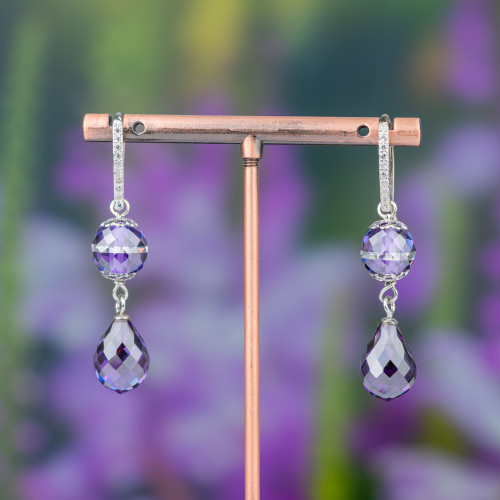 925 Silver Hook Earrings With Faceted Sphere Zircons And Purple Faceted Briollette Drops 10x50mm