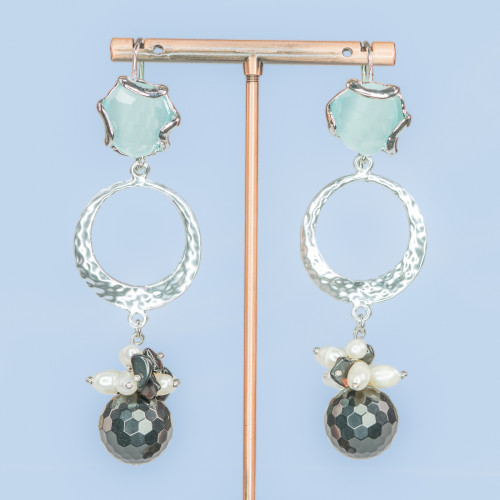 Bronze Hook Earrings With Set Cat's Eye And Pendant Of Stones And Pearls