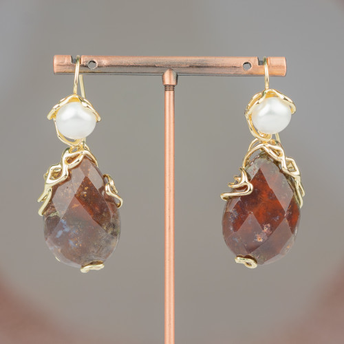 Bronze Hook Earrings with River Pearls and Faceted Cabochon Pendant 22x48mm Dark Indian Agate