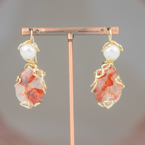 Bronze Leverback Earrings with River Pearls and Faceted Cabochon Pendant 22x48mm Hematoid Quartz